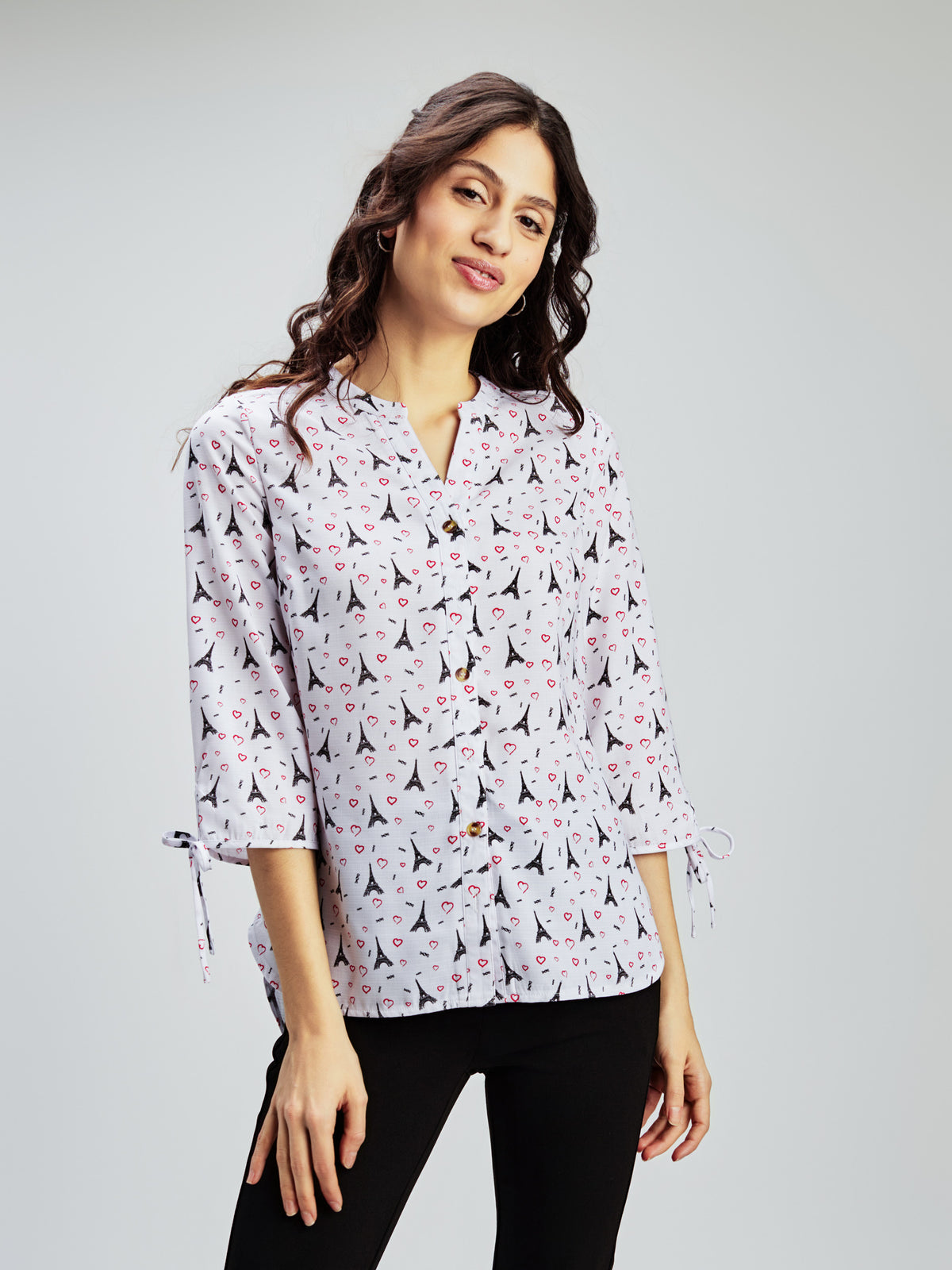 3/4-sleeve loose blouse with buttons