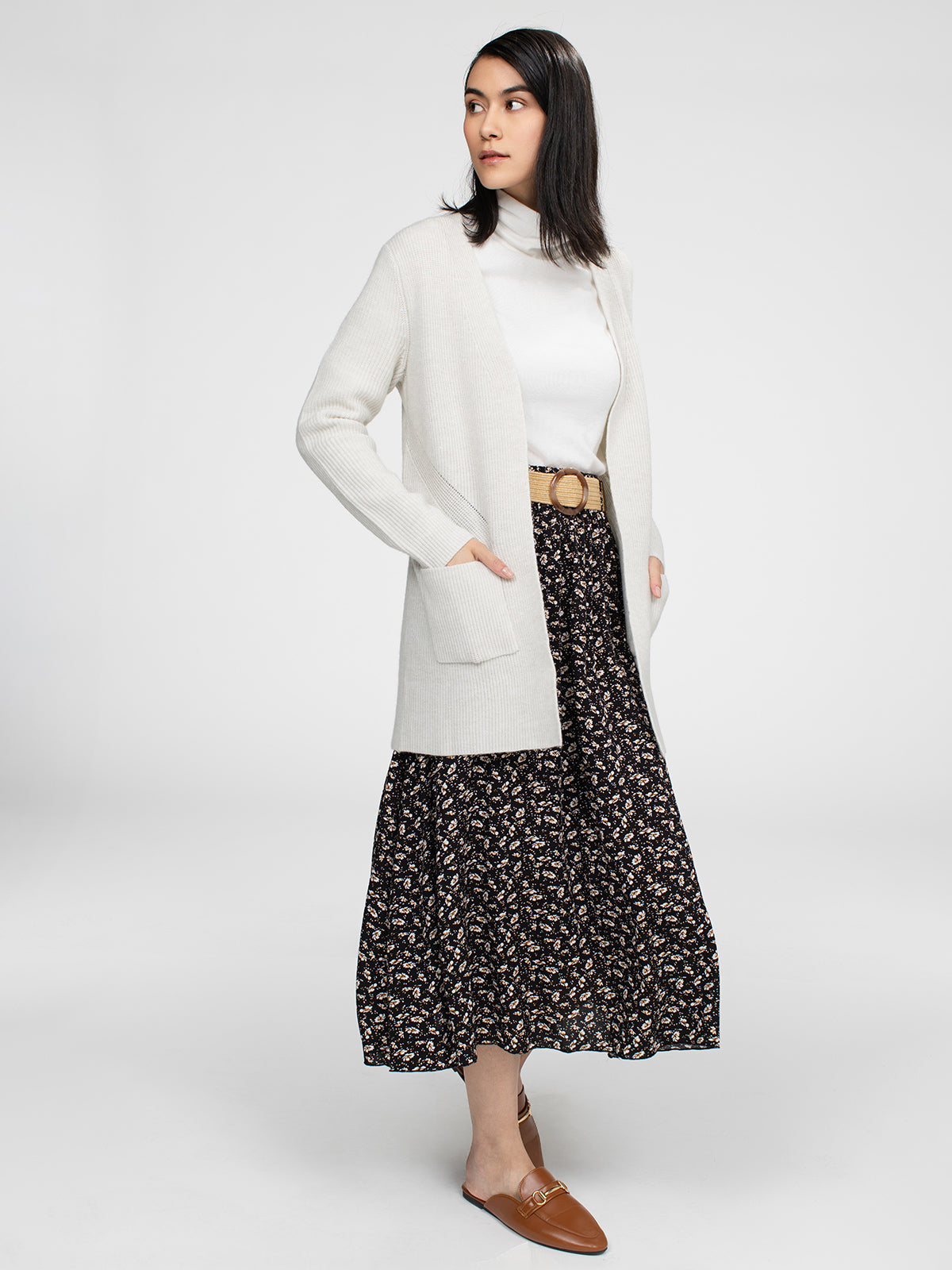Cardigan en tricot ouvert semi-ajusté à manches longues