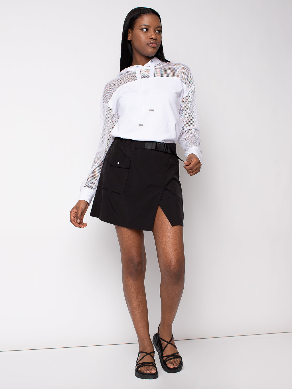 Asymetric skort with belted elastic waistband