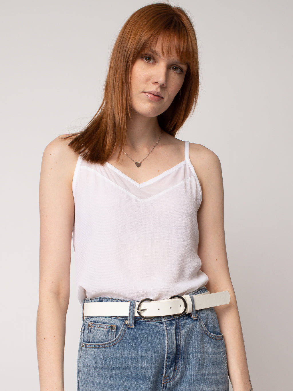Semi-fitted tank top with semi-sheer details